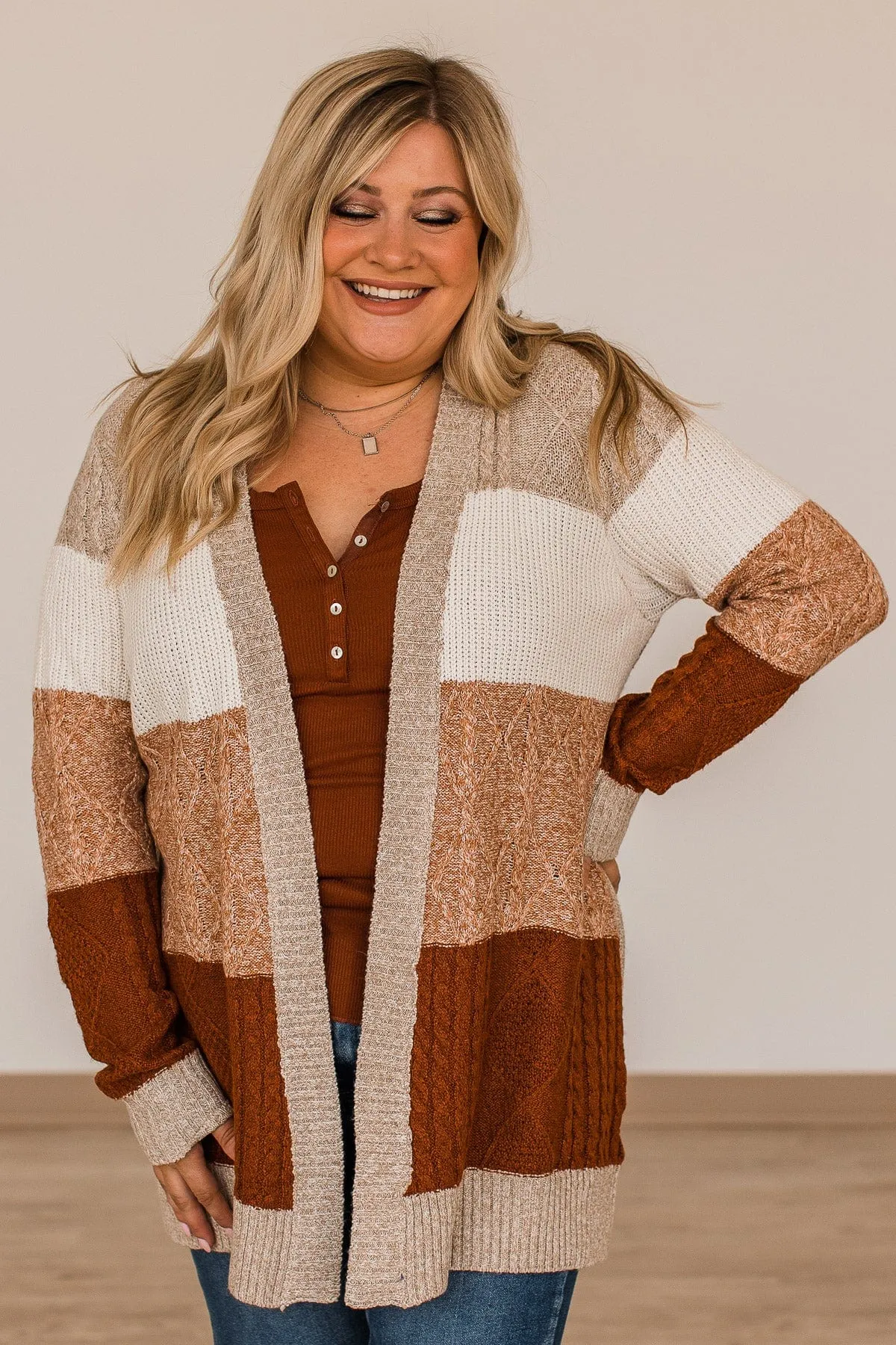 Hold Me Close Knit Cardigan- Light Taupe & Rust