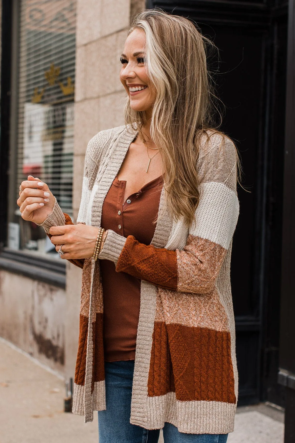 Hold Me Close Knit Cardigan- Light Taupe & Rust