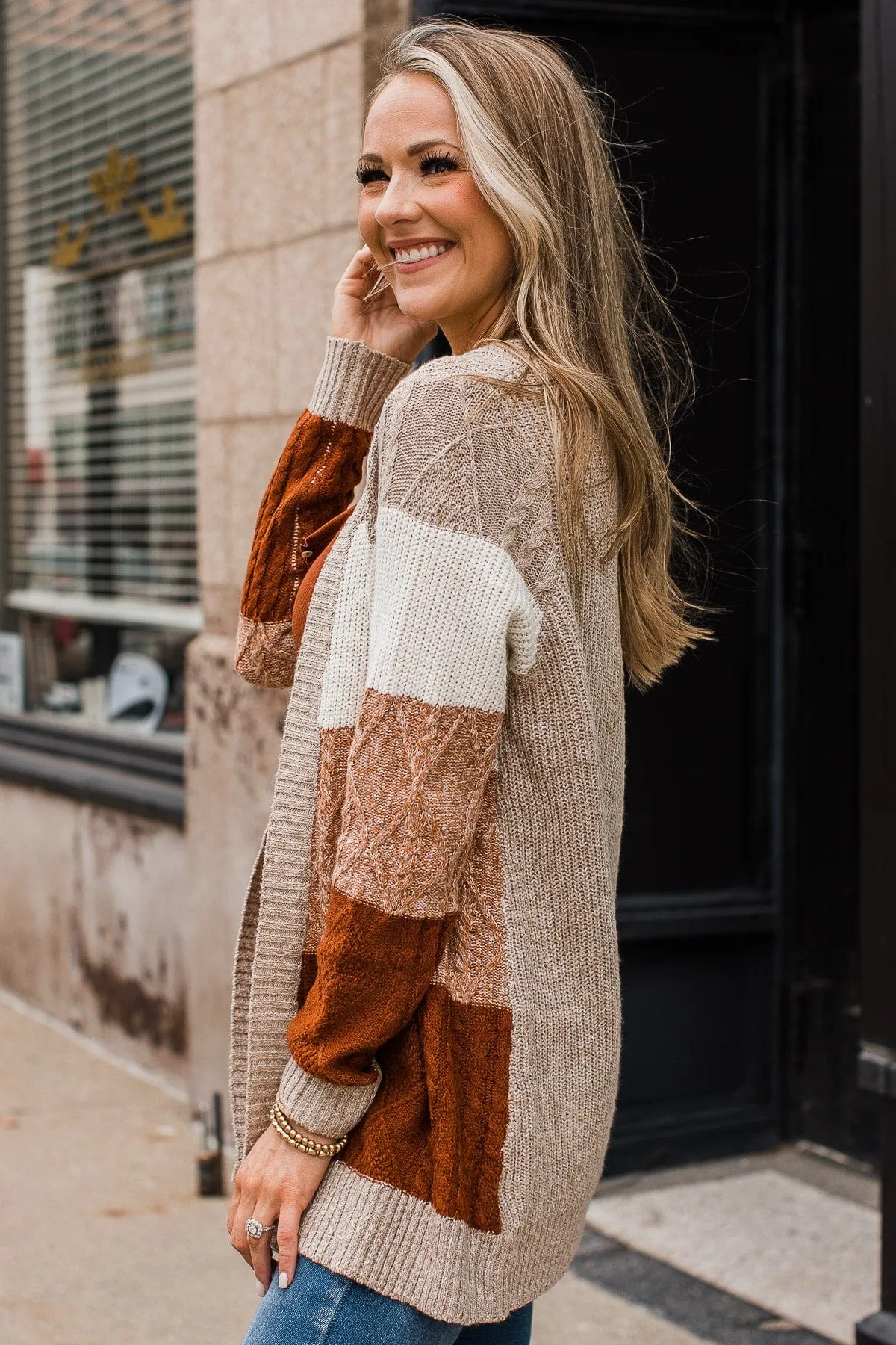 Hold Me Close Knit Cardigan- Light Taupe & Rust