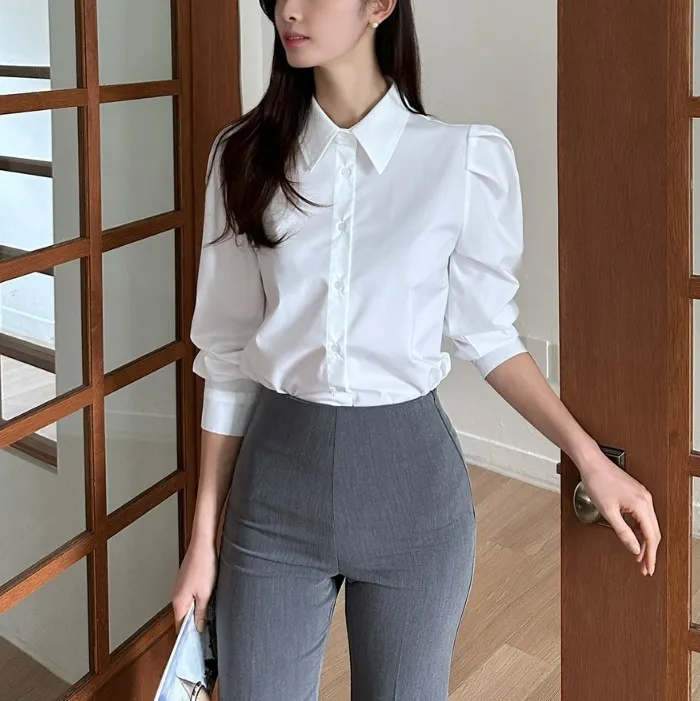 I AM MARI  |Casual Style Long Sleeves Plain Office Style Puff Sleeves