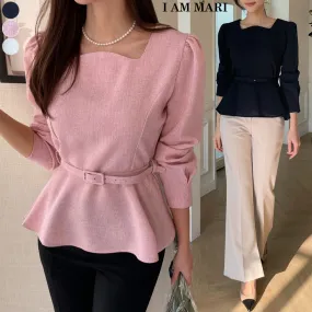 I AM MARI  |Tweed Long Sleeves Office Style Elegant Style Puff Sleeves