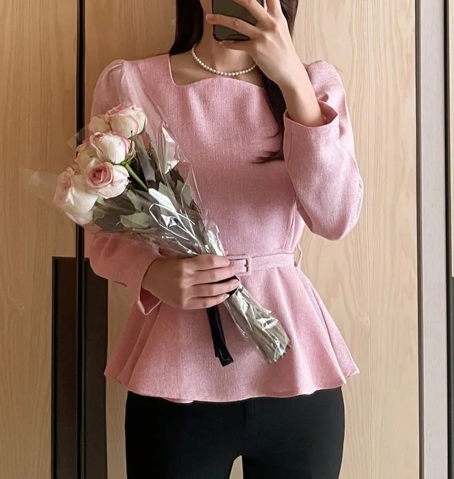 I AM MARI  |Tweed Long Sleeves Office Style Elegant Style Puff Sleeves