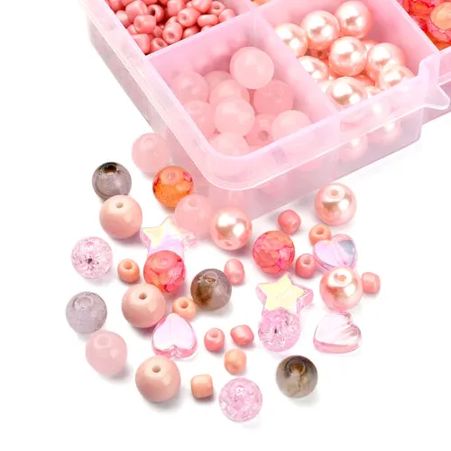 Jewelry Making Kit, Pink, Round, Stars, Hearts, Acrylic And Glass Beads