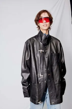 Leather Fireman Field Coat - Black