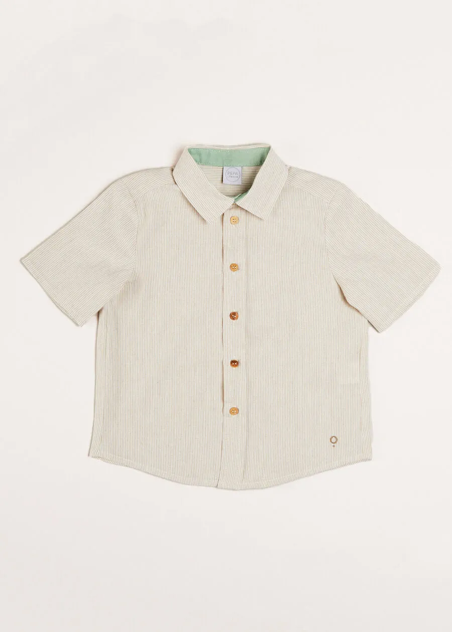 Light Striped Linen Short Sleeve Shirt in Beige (3-10yrs)