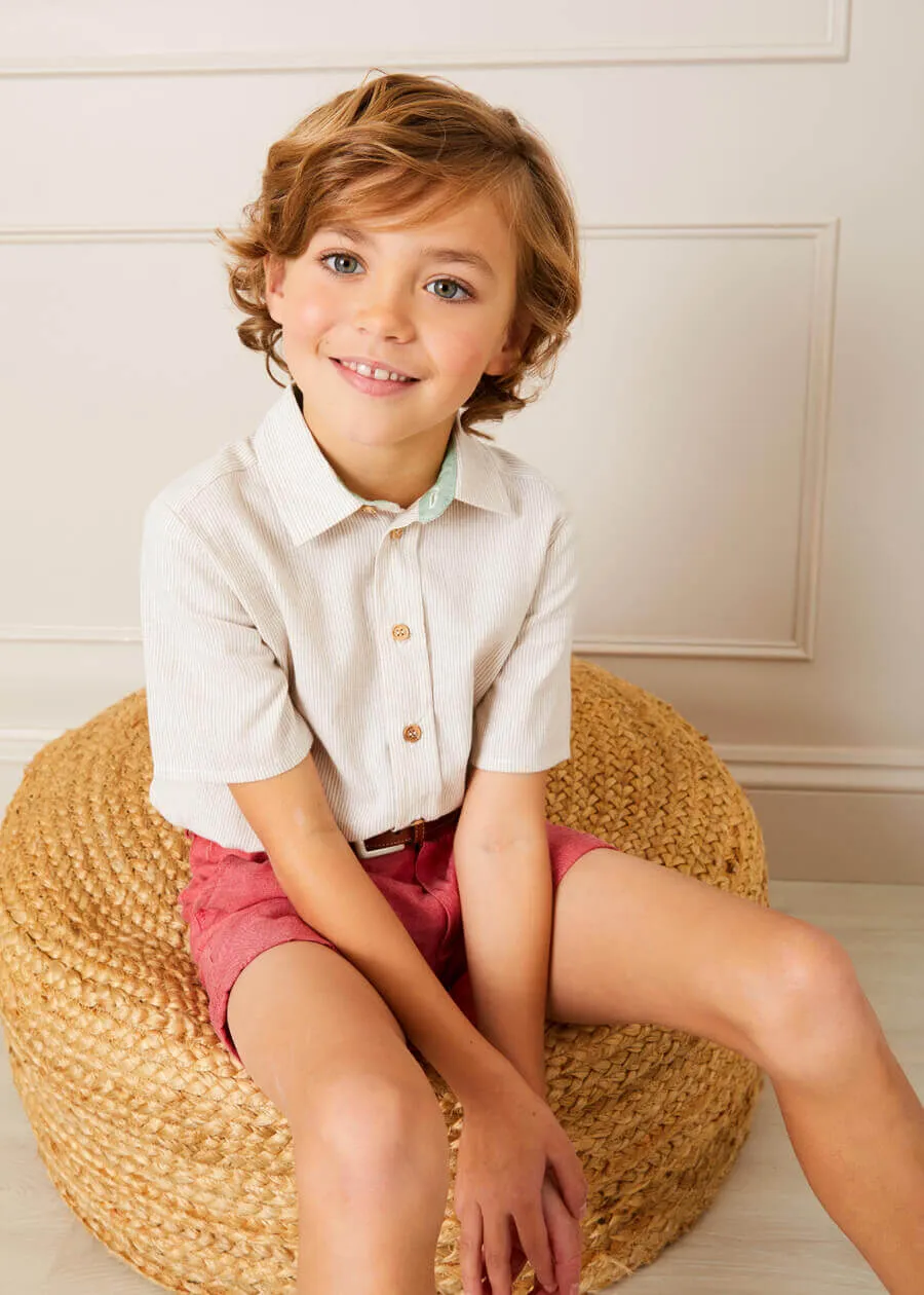 Light Striped Linen Short Sleeve Shirt in Beige (3-10yrs)