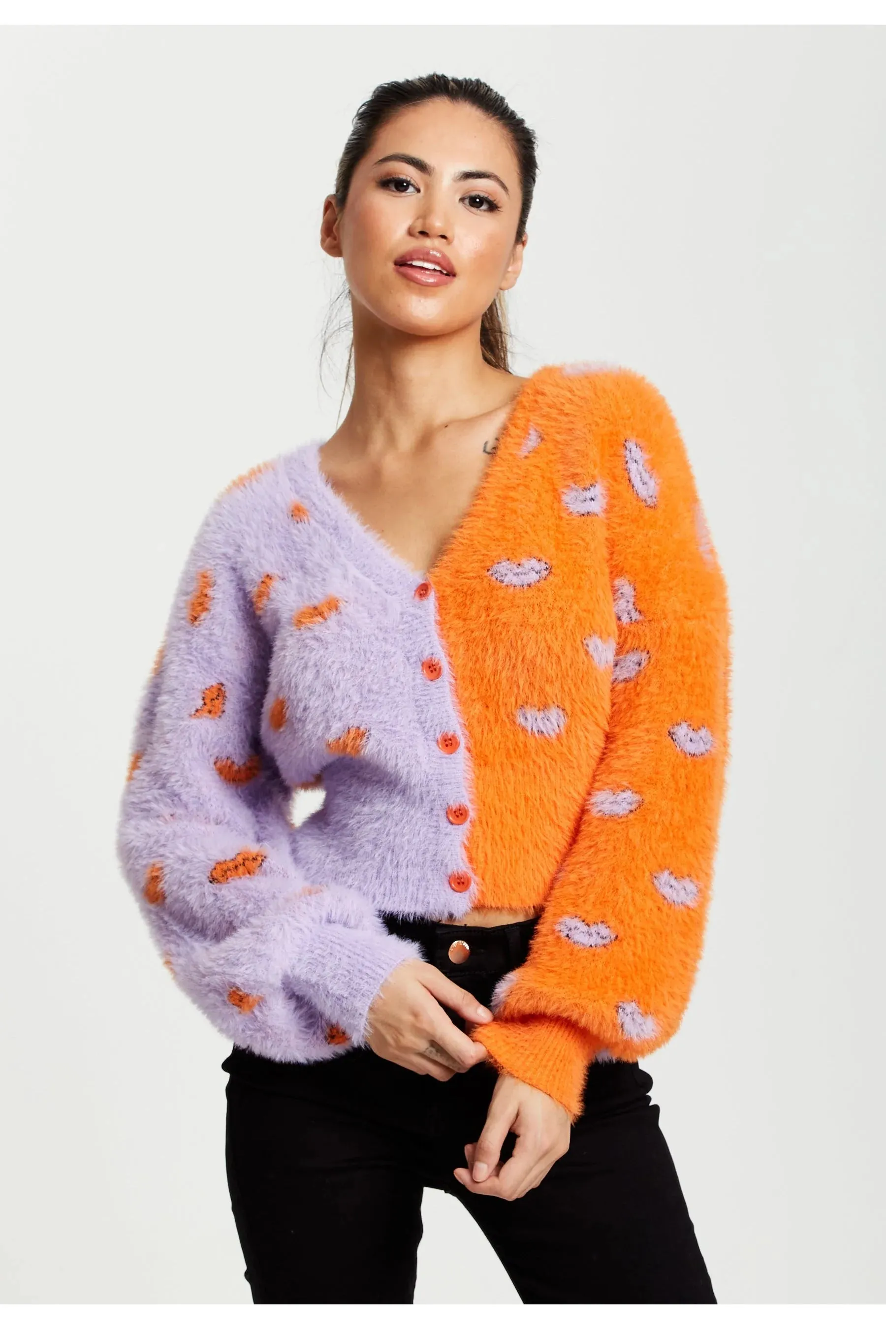 Liquorish Lip Pattern Fluffy Cardigan In Lilac And Orange