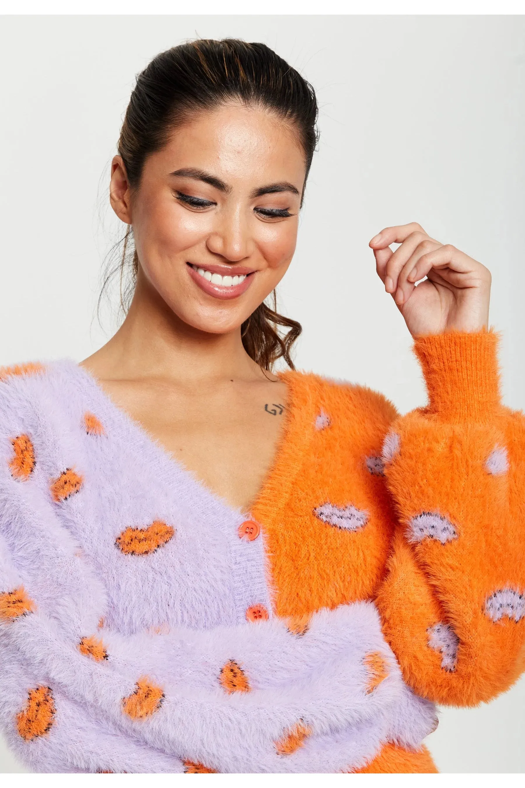 Liquorish Lip Pattern Fluffy Cardigan In Lilac And Orange