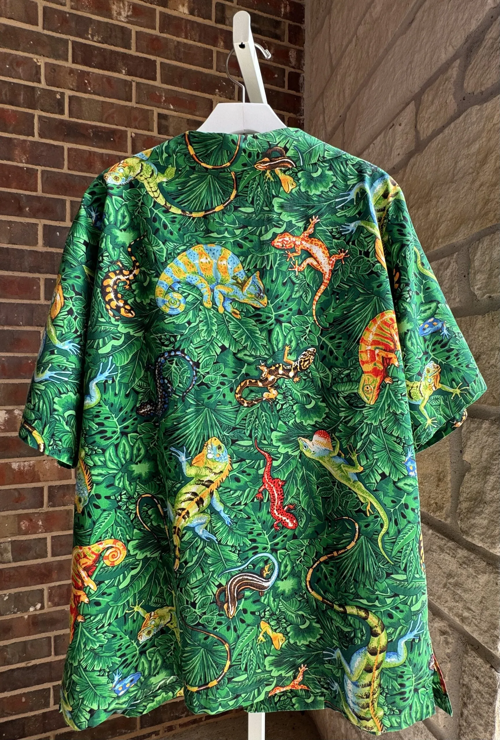 Lots o' Lizards Green Hawaiian Style Upcycled Unisex Shirt