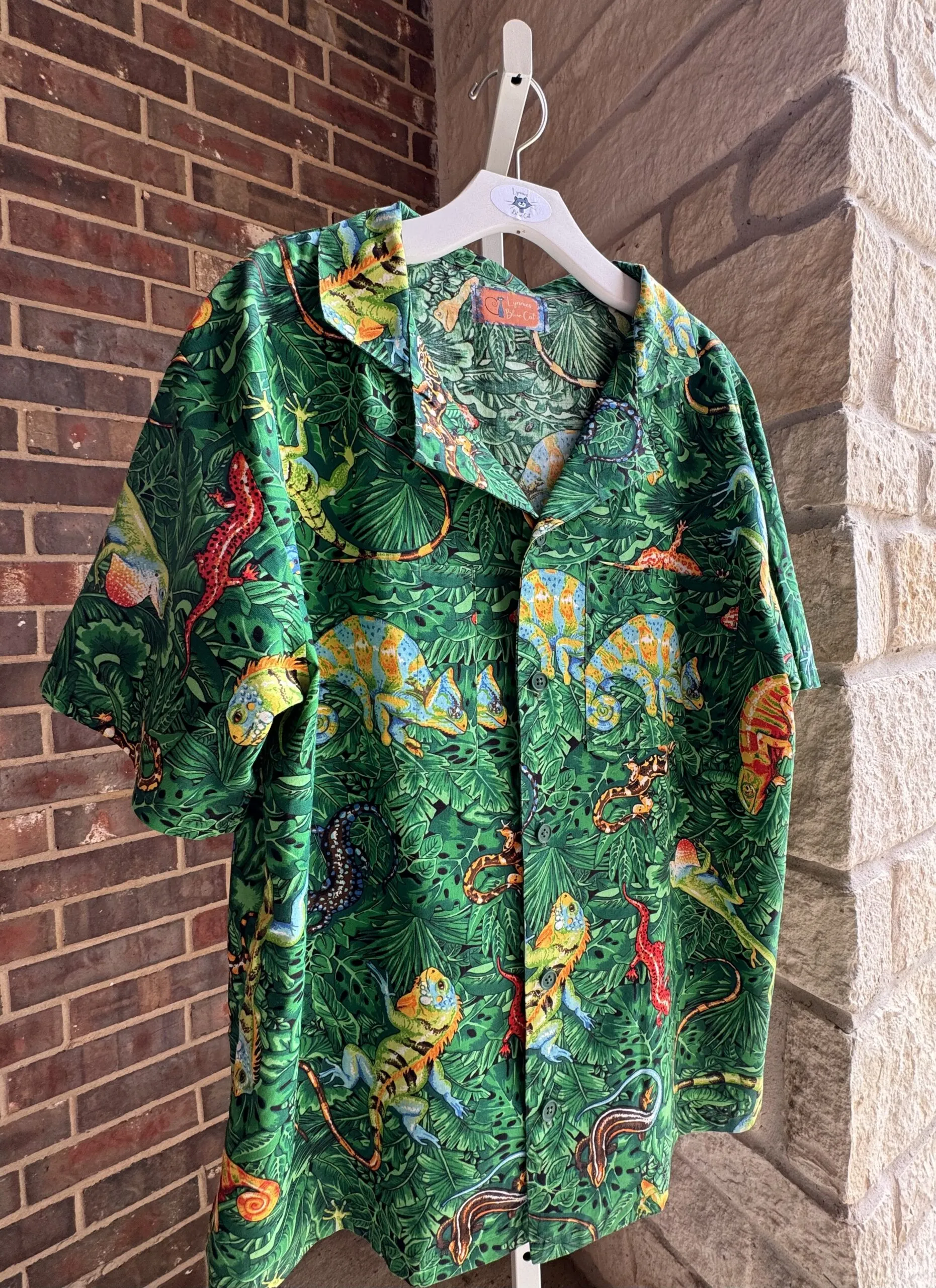 Lots o' Lizards Green Hawaiian Style Upcycled Unisex Shirt