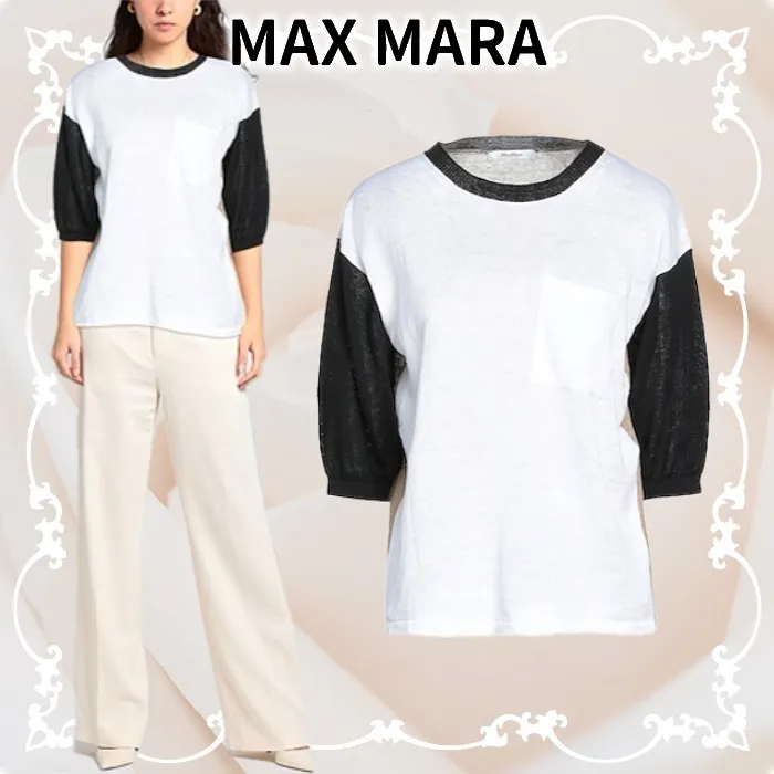 MaxMara  |Linen Short Sleeves Logo V-neck & Crew neck