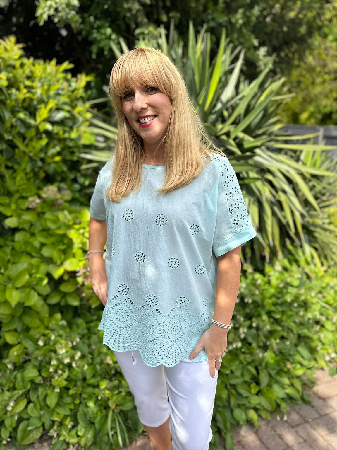 Mint Broderie Floral Round Neck Top Anna