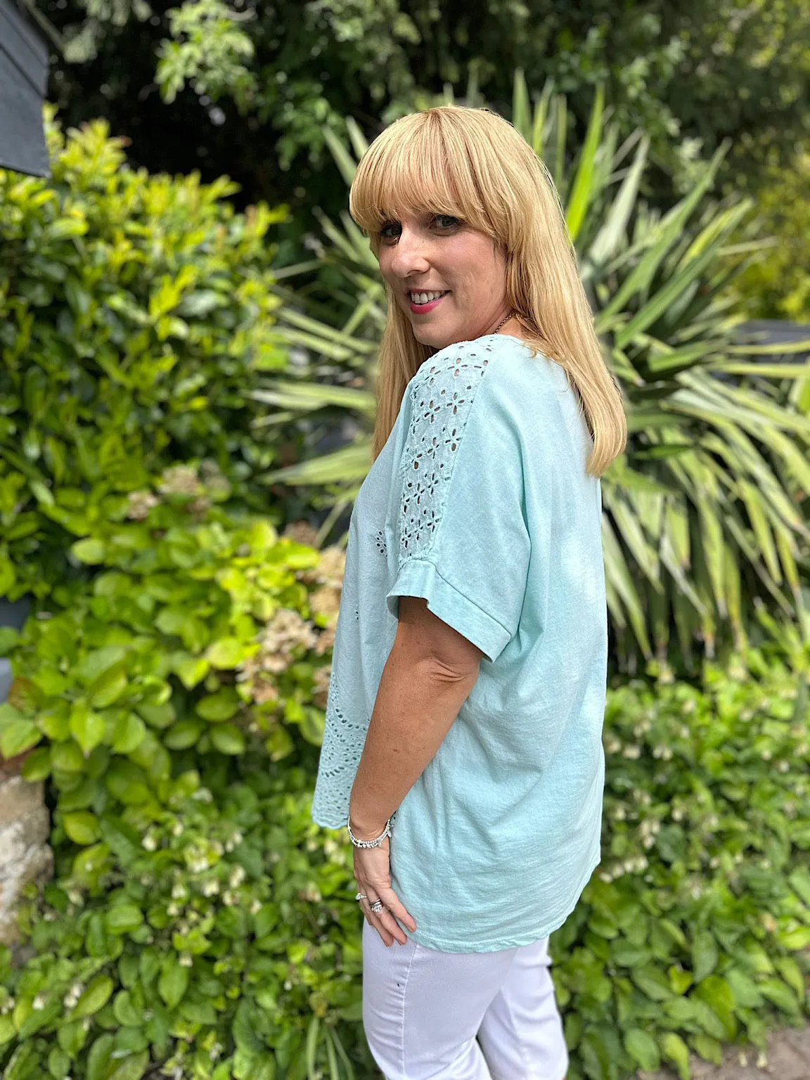 Mint Broderie Floral Round Neck Top Anna