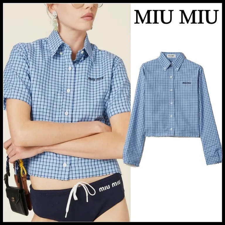 MiuMiu  |Other Plaid Patterns Casual Style Long Sleeves Short Sleeves