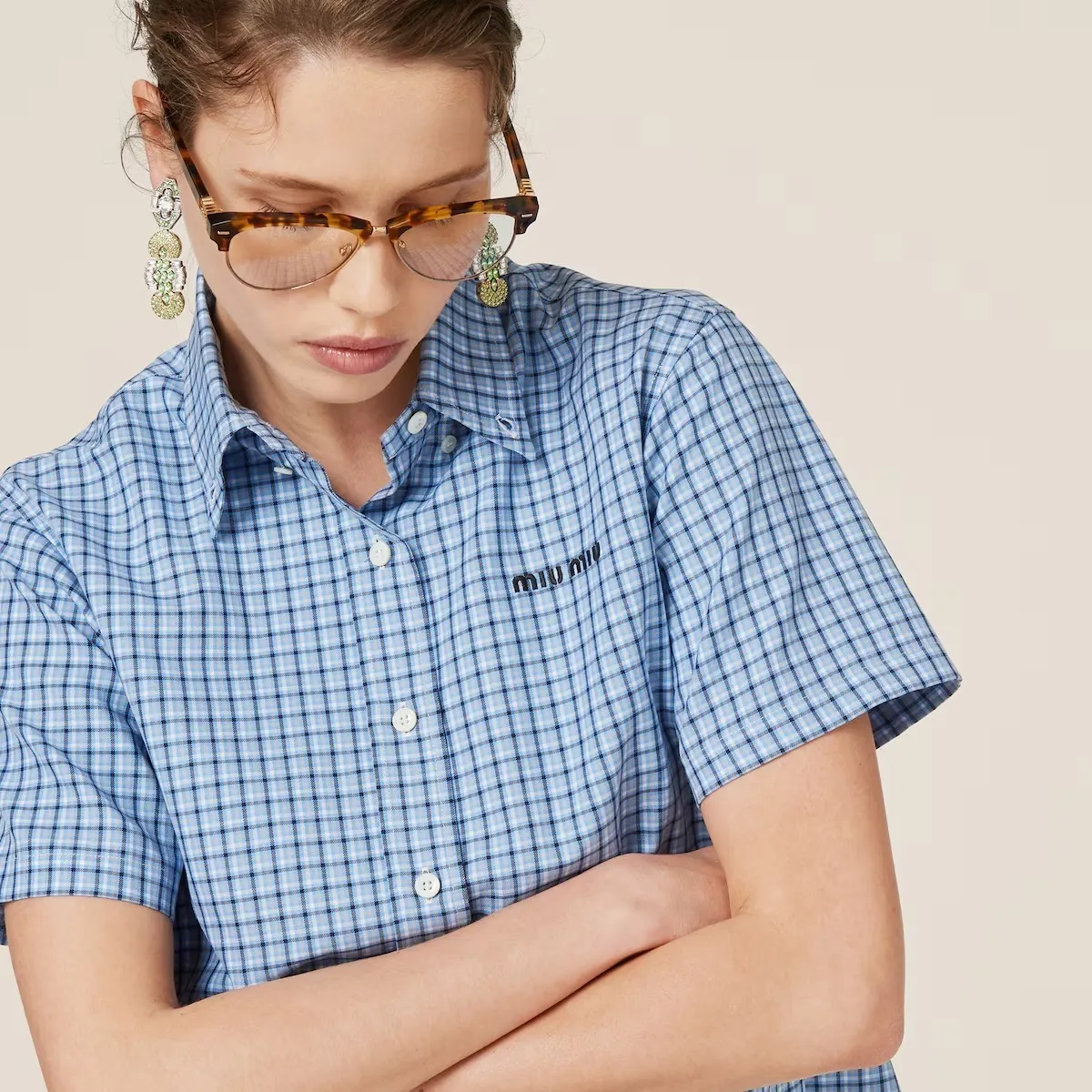 MiuMiu  |Other Plaid Patterns Casual Style Long Sleeves Short Sleeves