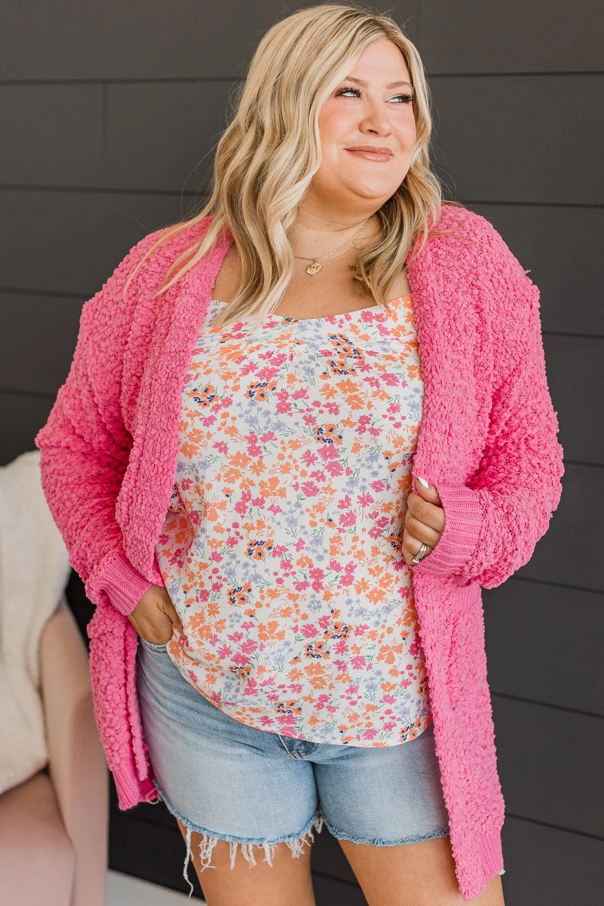 Movie Date Popcorn Knit Cardigan- Bright Pink