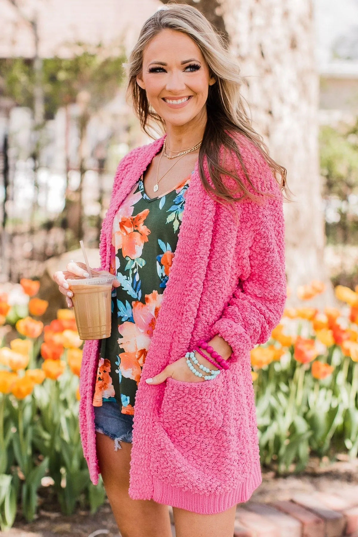 Movie Date Popcorn Knit Cardigan- Bright Pink