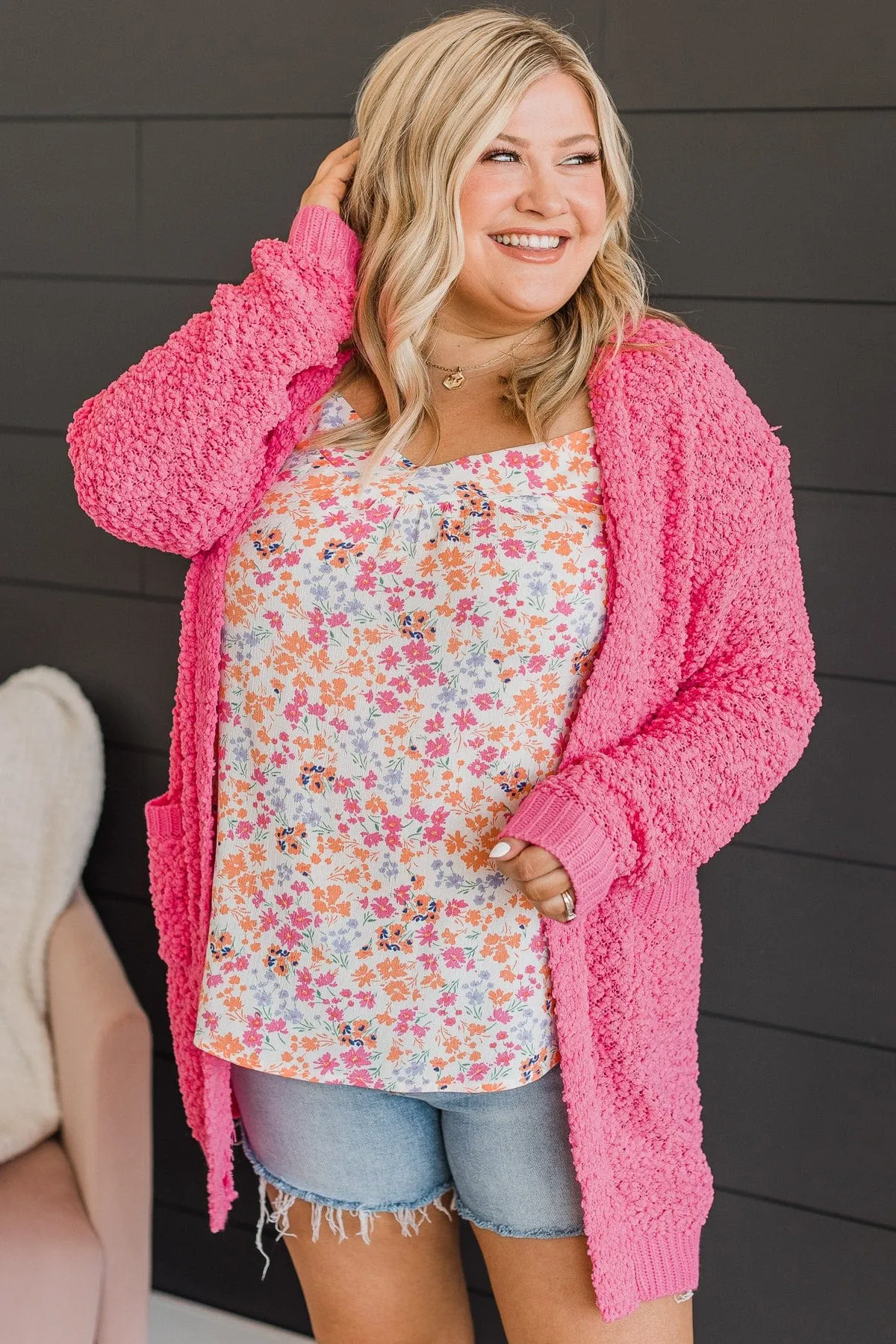 Movie Date Popcorn Knit Cardigan- Bright Pink