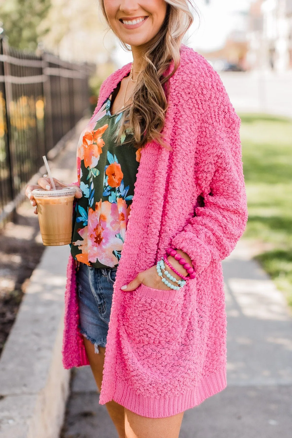 Movie Date Popcorn Knit Cardigan- Bright Pink