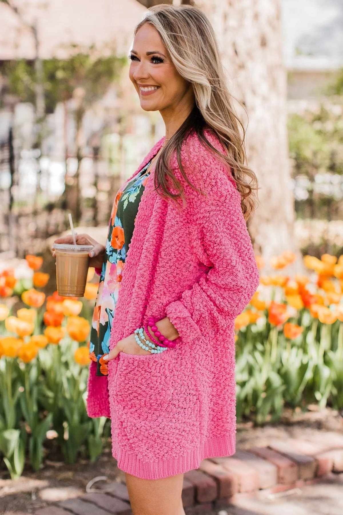 Movie Date Popcorn Knit Cardigan- Bright Pink