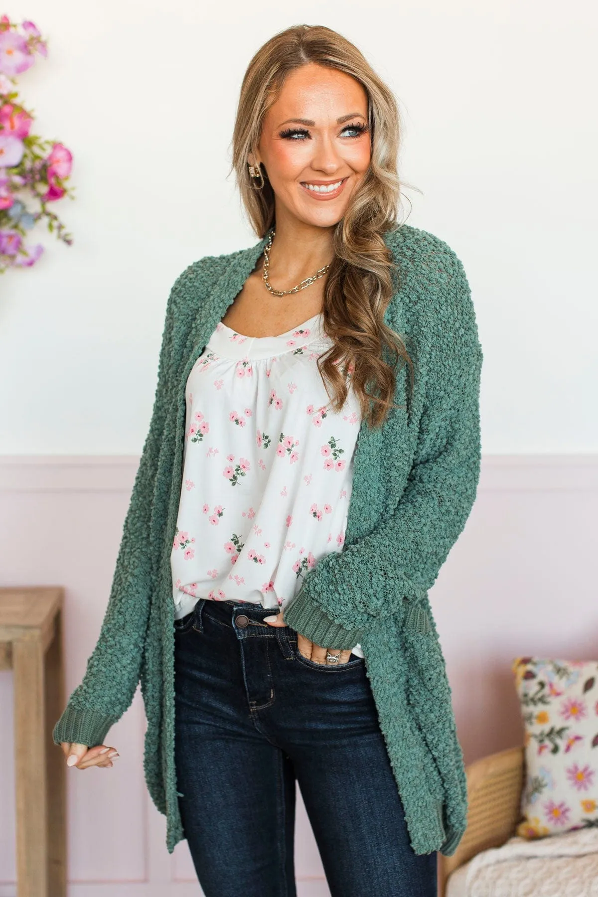 Movie Date Popcorn Knit Cardigan- Dark Sage