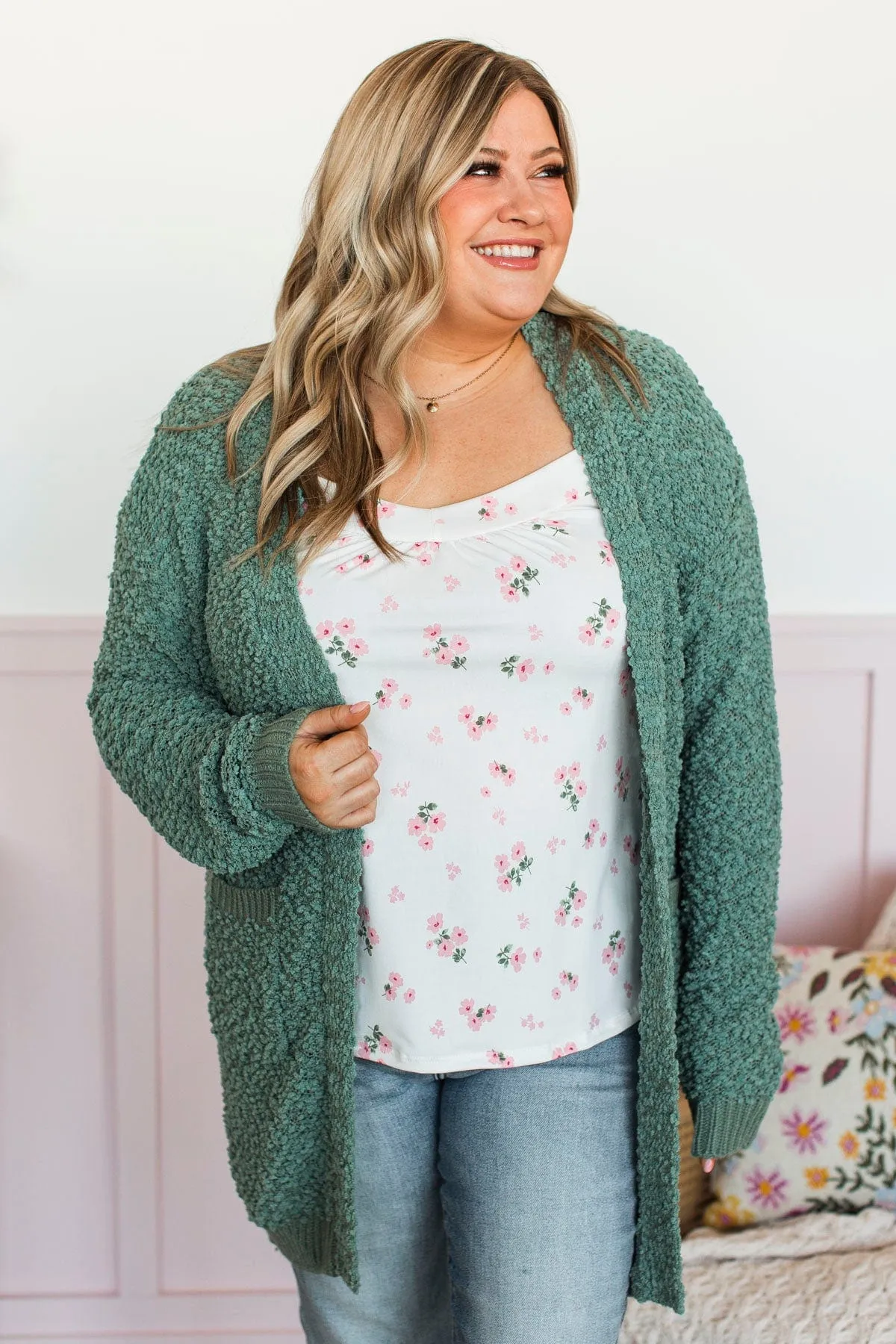 Movie Date Popcorn Knit Cardigan- Dark Sage