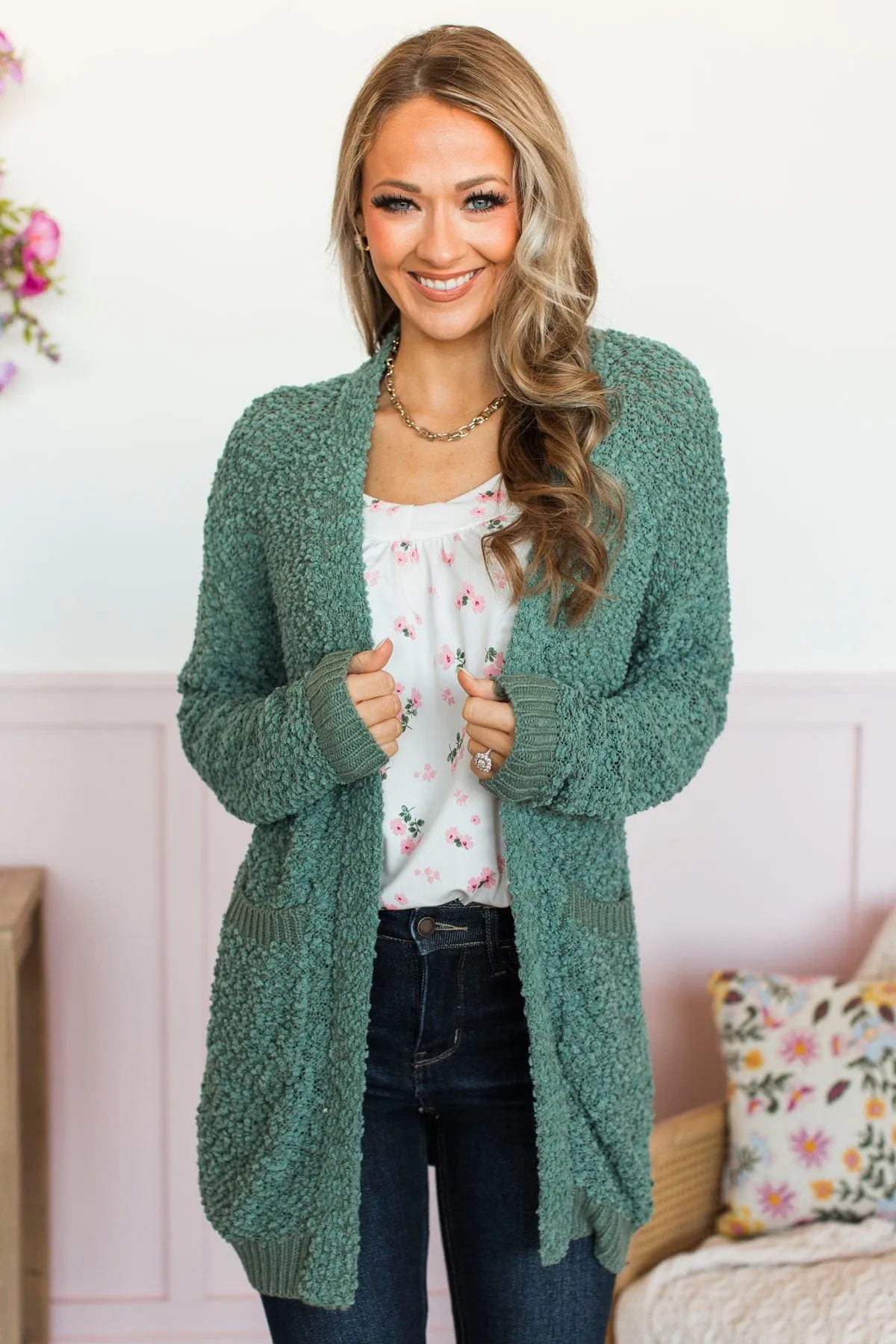 Movie Date Popcorn Knit Cardigan- Dark Sage