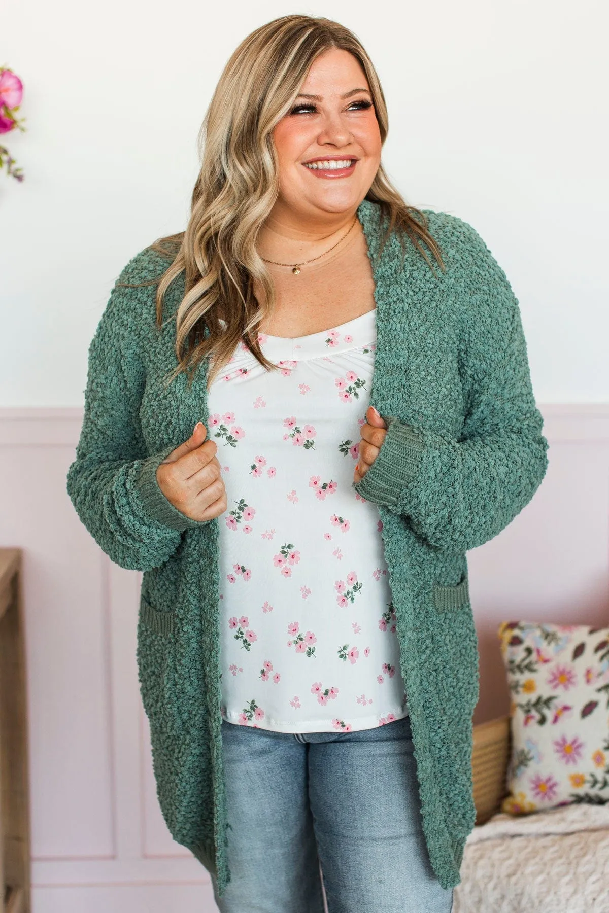 Movie Date Popcorn Knit Cardigan- Dark Sage