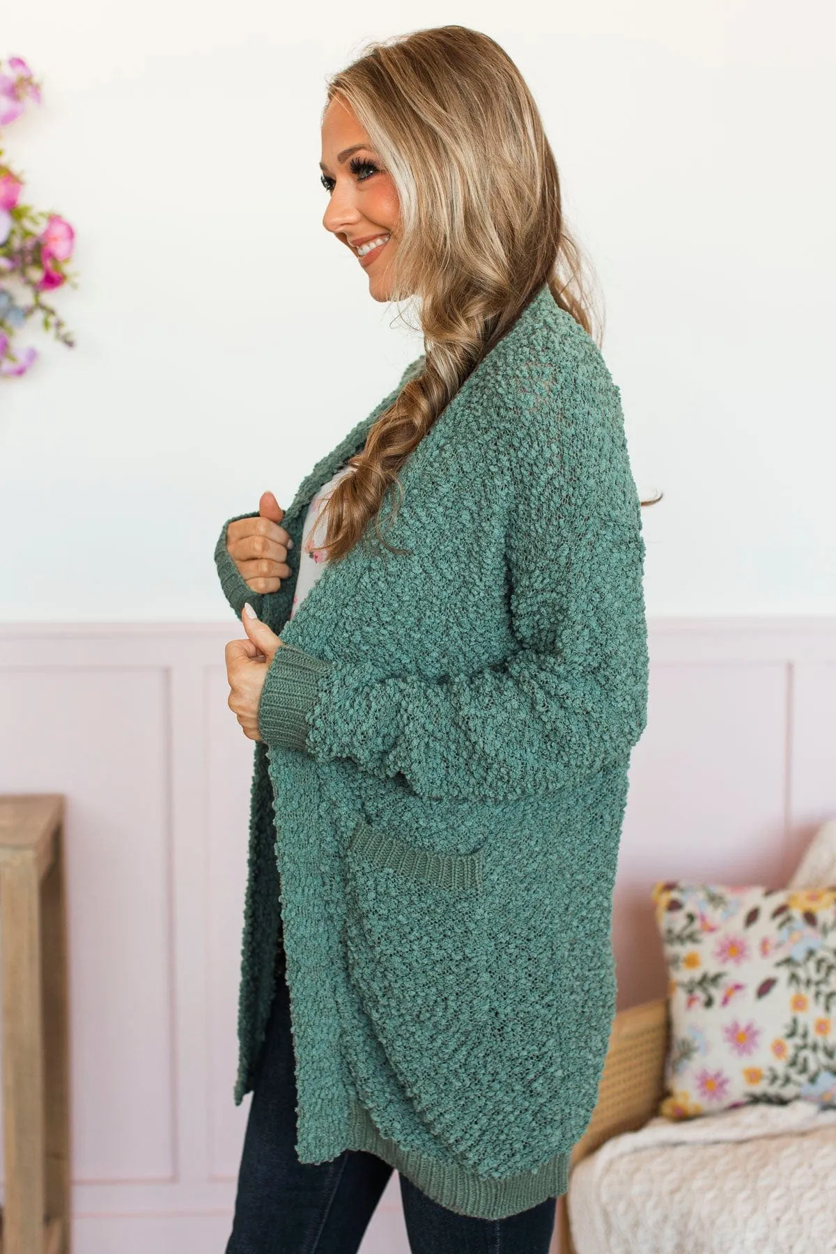 Movie Date Popcorn Knit Cardigan- Dark Sage