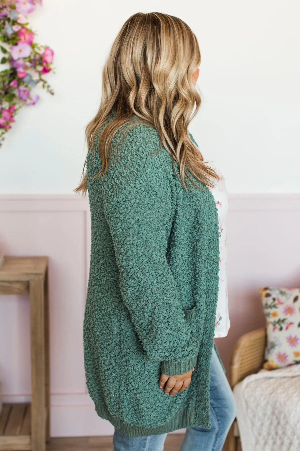 Movie Date Popcorn Knit Cardigan- Dark Sage