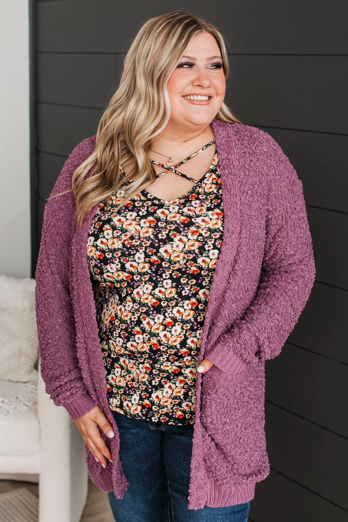 Movie Date Popcorn Knit Cardigan- Dusty Purple