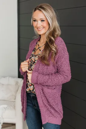 Movie Date Popcorn Knit Cardigan- Dusty Purple