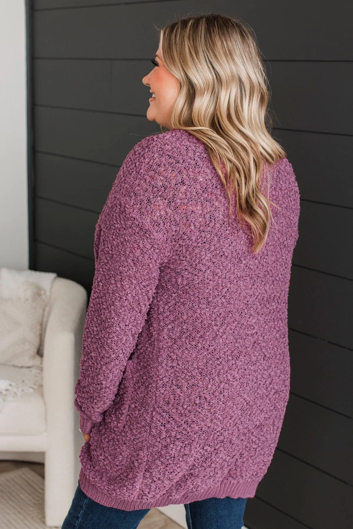 Movie Date Popcorn Knit Cardigan- Dusty Purple