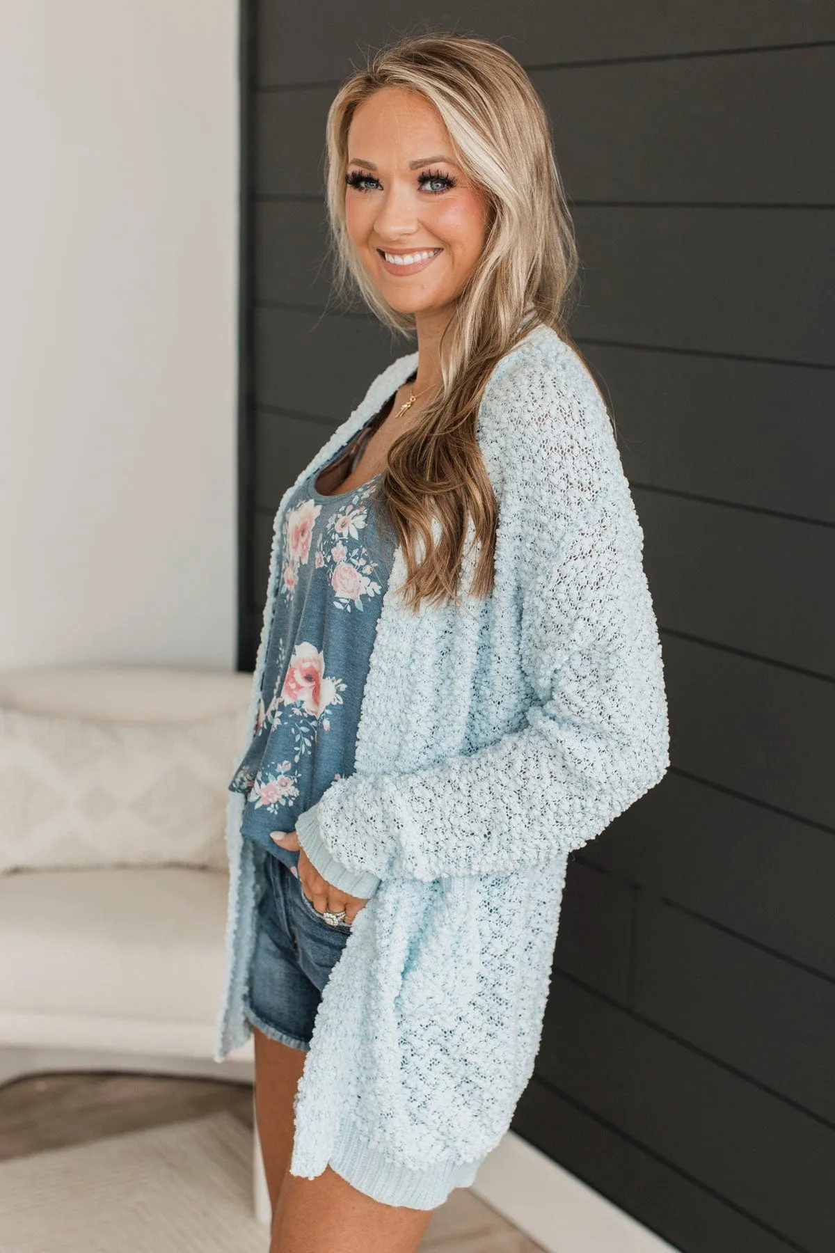 Movie Date Popcorn Knit Cardigan- Light Blue