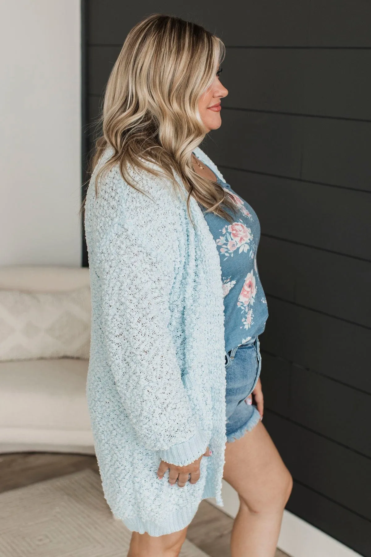 Movie Date Popcorn Knit Cardigan- Light Blue