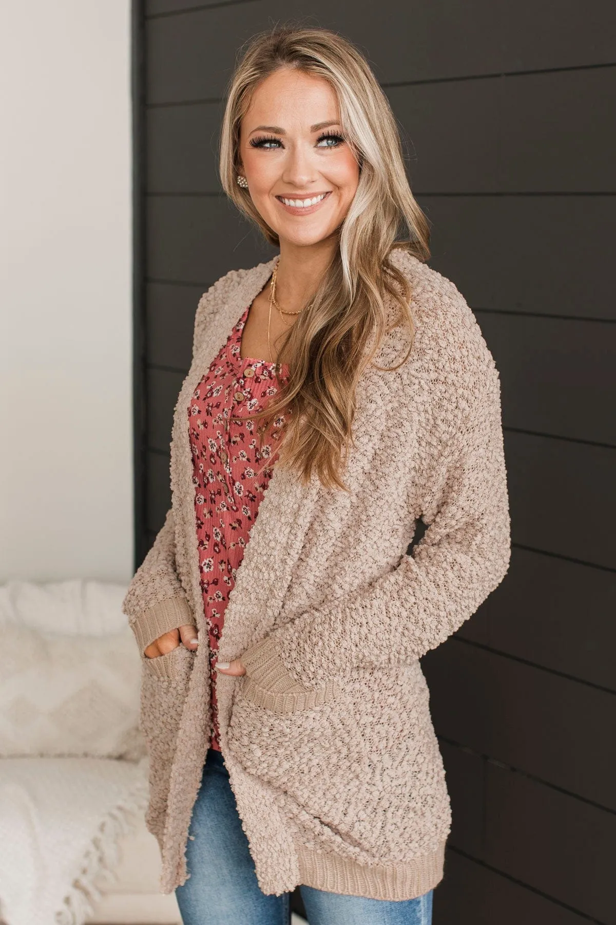 Movie Date Popcorn Knit Cardigan- Light Taupe