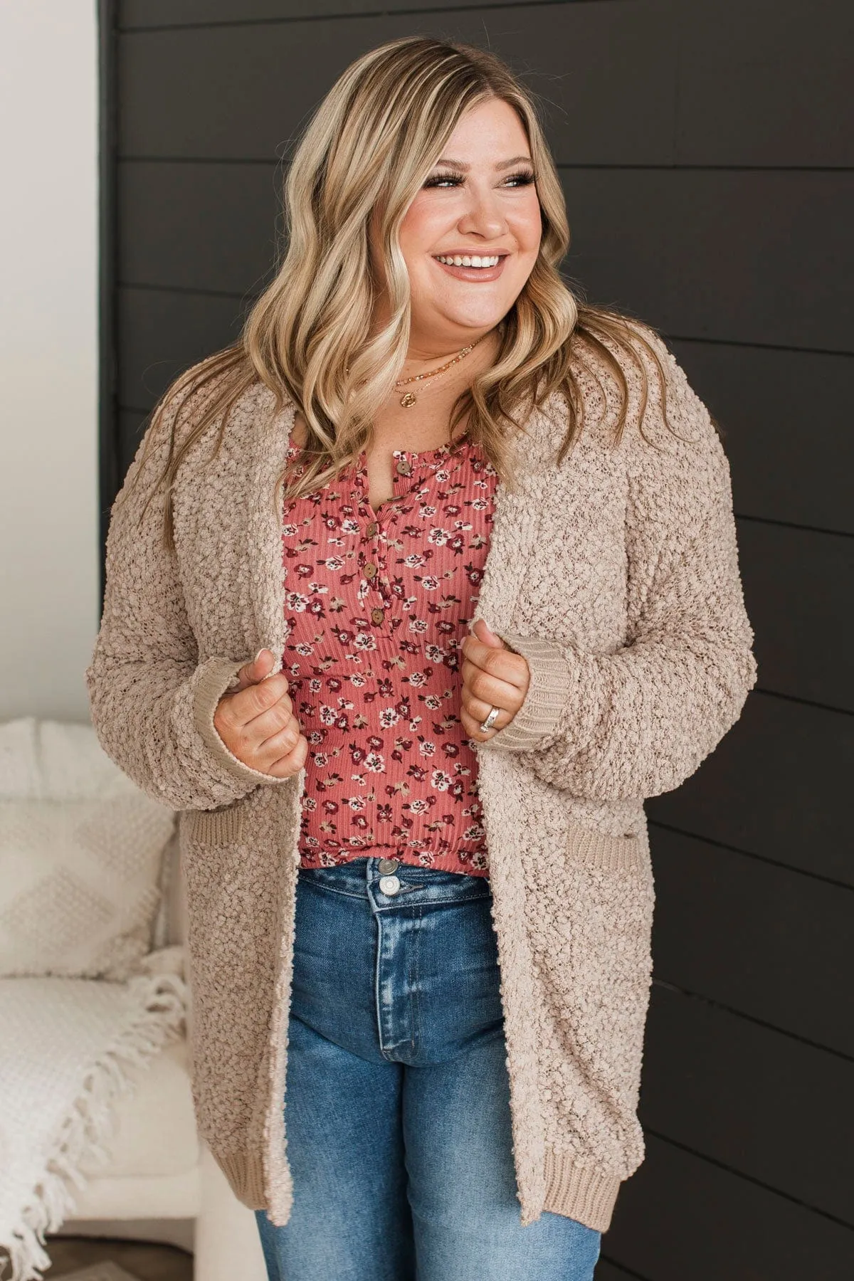 Movie Date Popcorn Knit Cardigan- Light Taupe