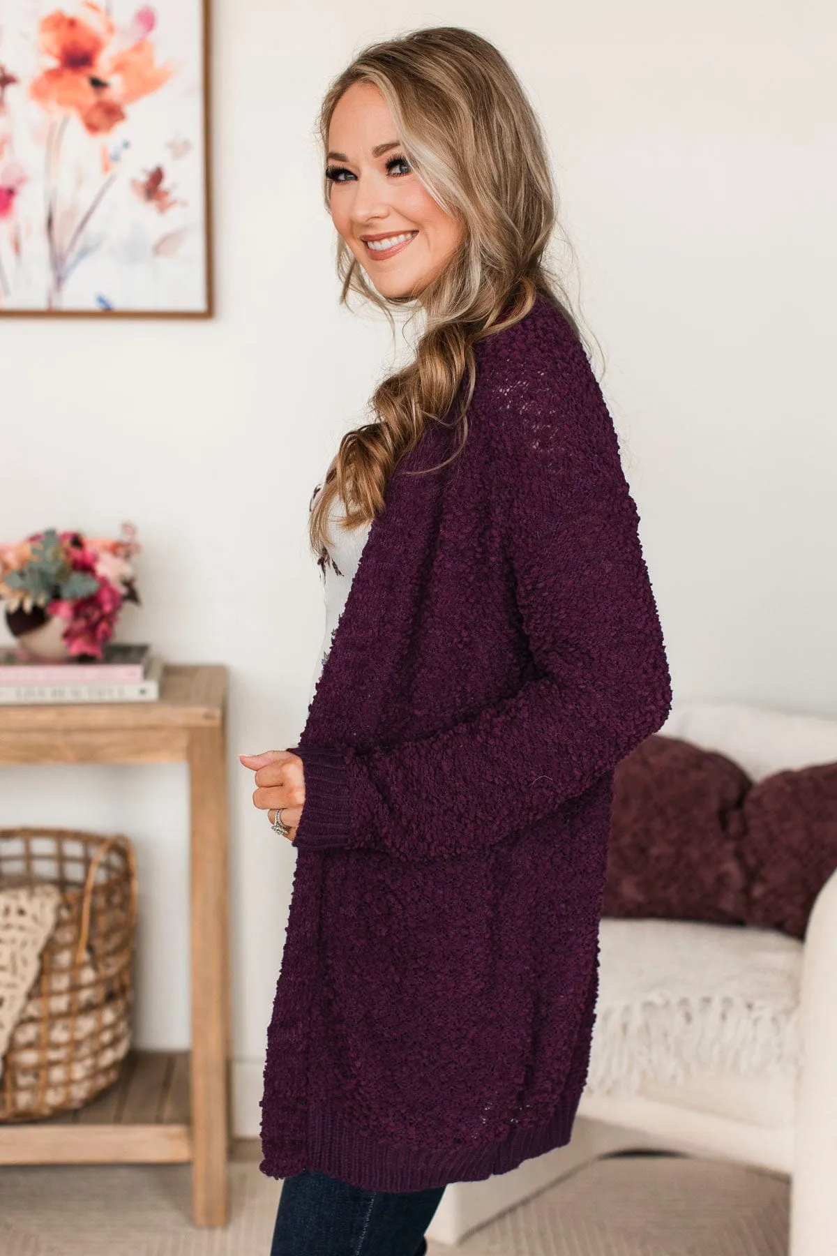 Movie Date Popcorn Knit Cardigan- Plum