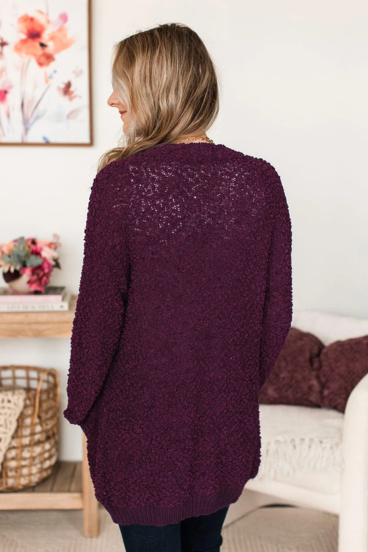 Movie Date Popcorn Knit Cardigan- Plum