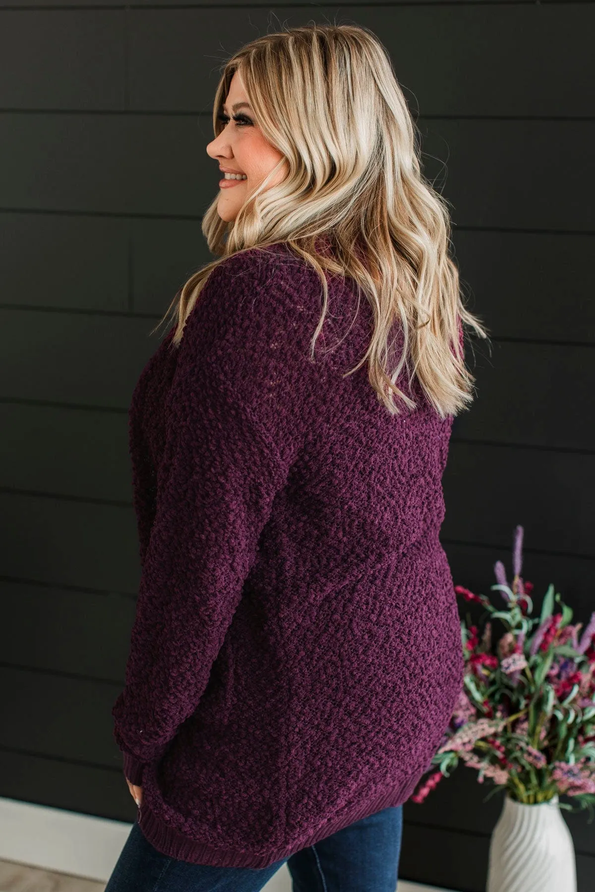 Movie Date Popcorn Knit Cardigan- Plum