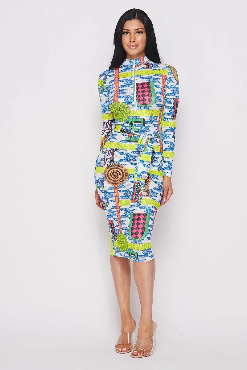 Multi Blue Long Sleeve Print Dress With Front Zipper