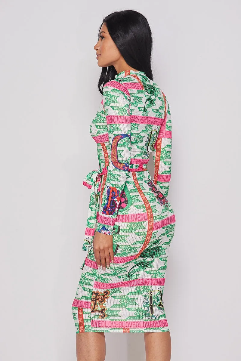 Multi Green Long Sleeve Print Dress With Front Zipper