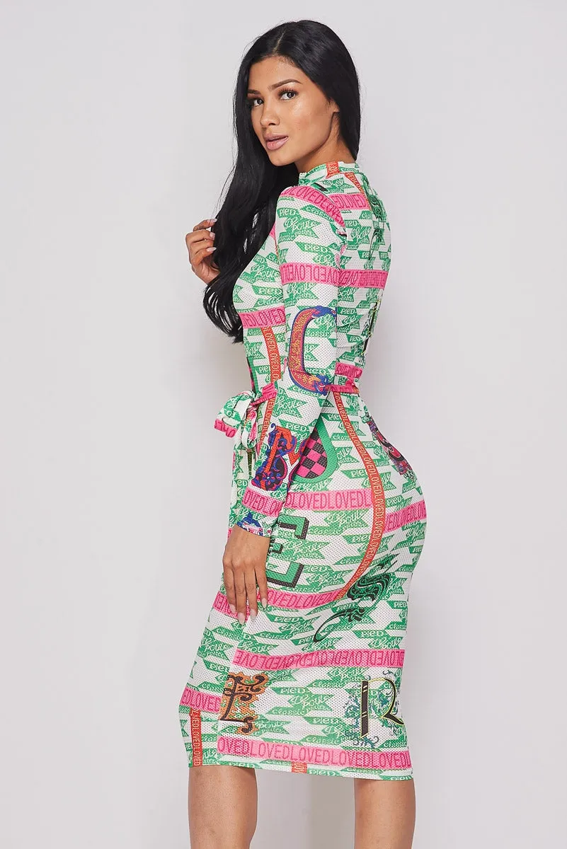 Multi Green Long Sleeve Print Dress With Front Zipper