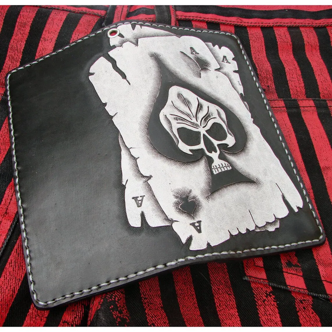 Premium Leather Biker Wallet with Hand-Engraved Skull Ace of Spades Design