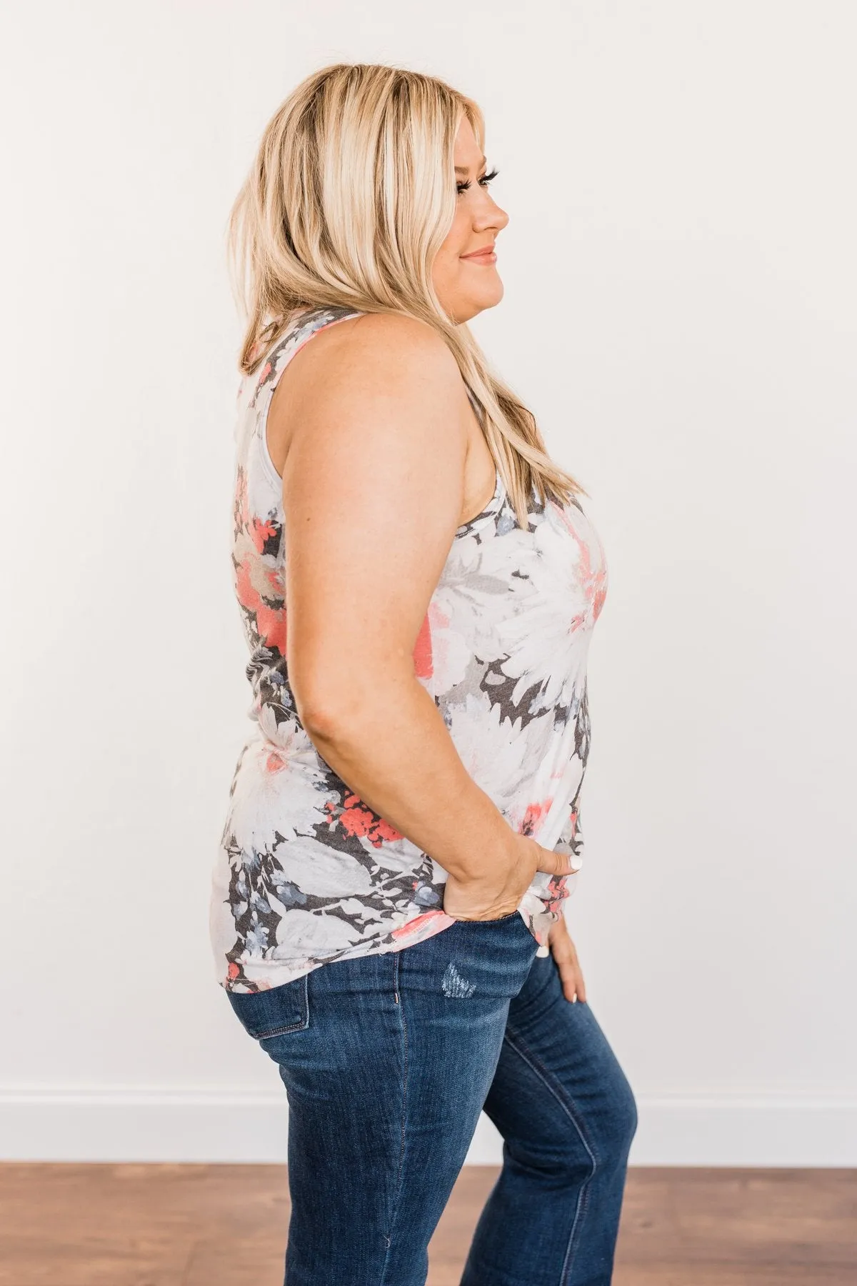 Radiant & Ravishing Floral Tank Top- Coral & Grey