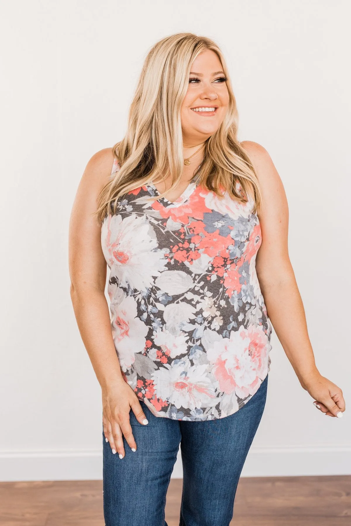 Radiant & Ravishing Floral Tank Top- Coral & Grey