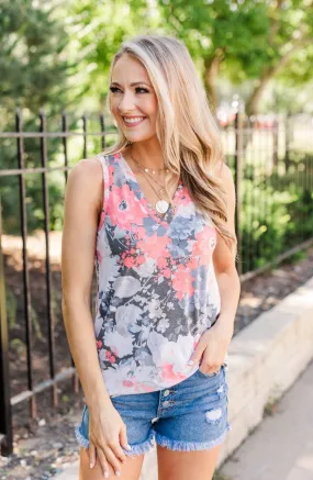 Radiant & Ravishing Floral Tank Top- Coral & Grey