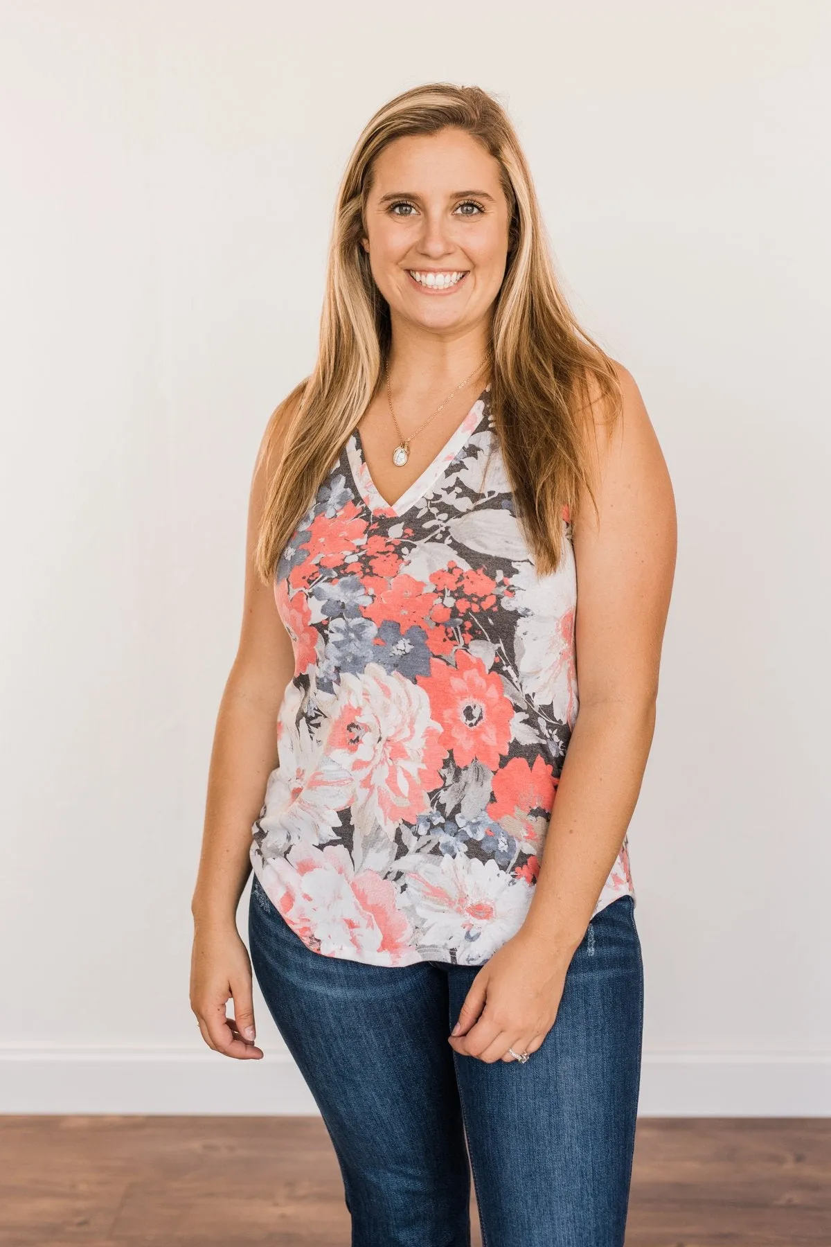 Radiant & Ravishing Floral Tank Top- Coral & Grey