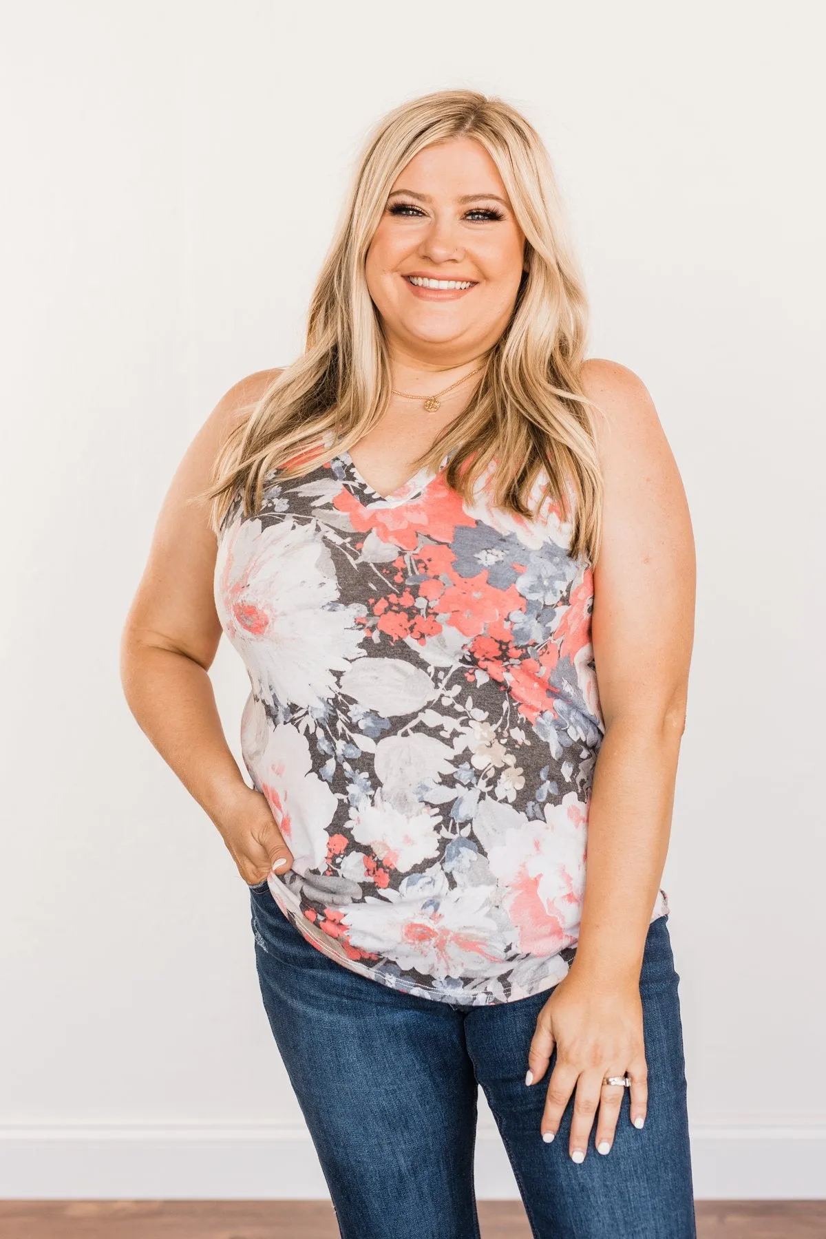 Radiant & Ravishing Floral Tank Top- Coral & Grey