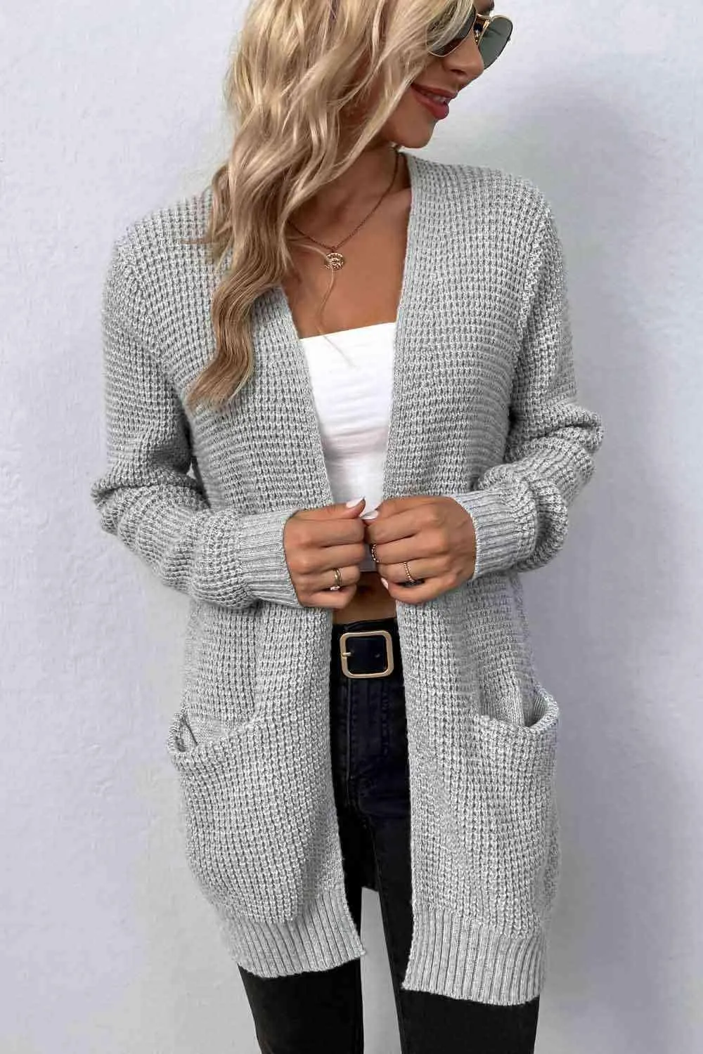 Rib-Knit Open Front Cardigan w/ Pockets